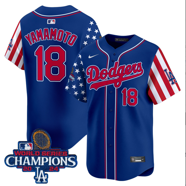 Men MLB Los Angeles Dodgers #18 Yamamoto American Style blue 2024 World Series Champions  Limited Jersey->los angeles dodgers->MLB Jersey